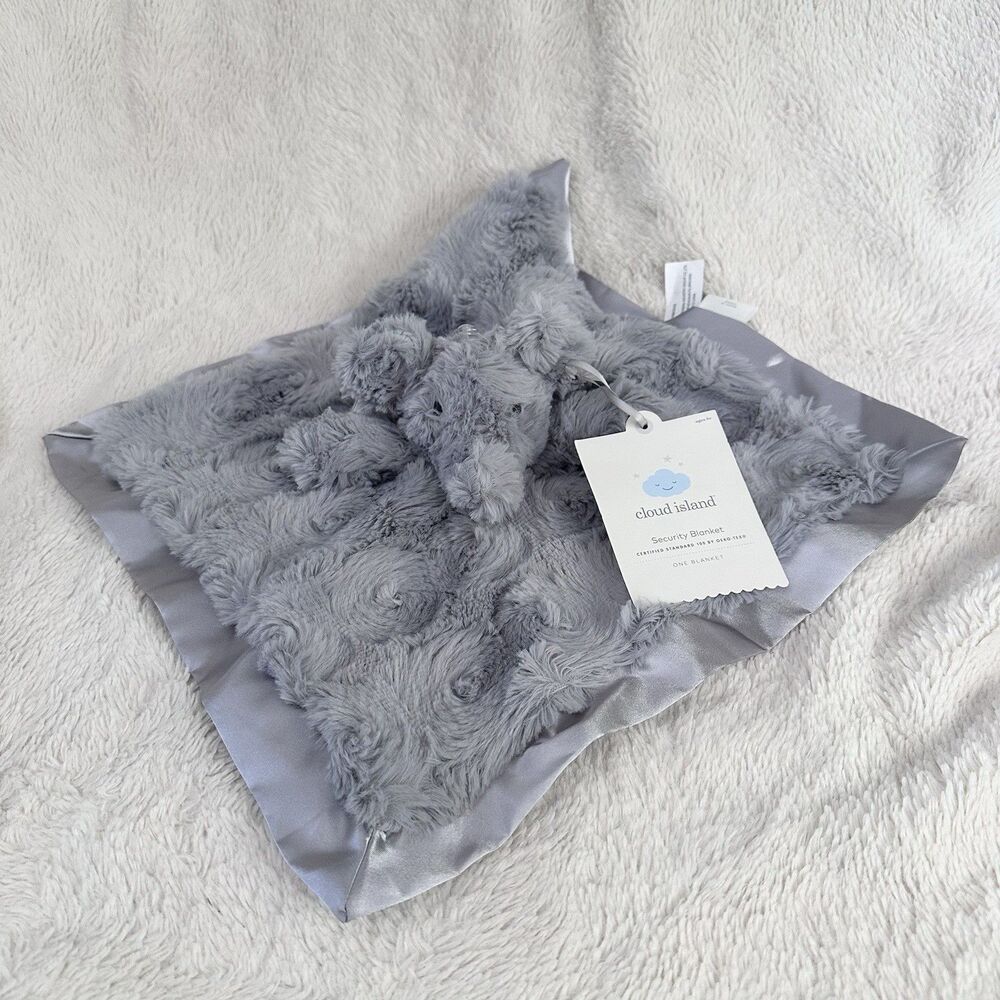 New Cloud Island Elephant Security Blanket Plush Lovey Gray Satin Trim Small